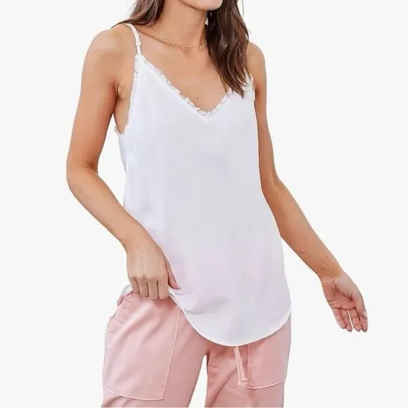 Bella Dahl White V-Neck Frayed Tencel Cami - Picture 1 of 9